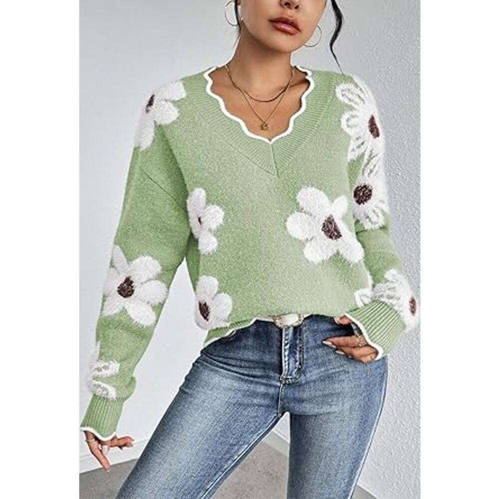 Madeline Womens Boutique Green Fuzzy Scallop V Neck Daisy Flower Sweater Size XL